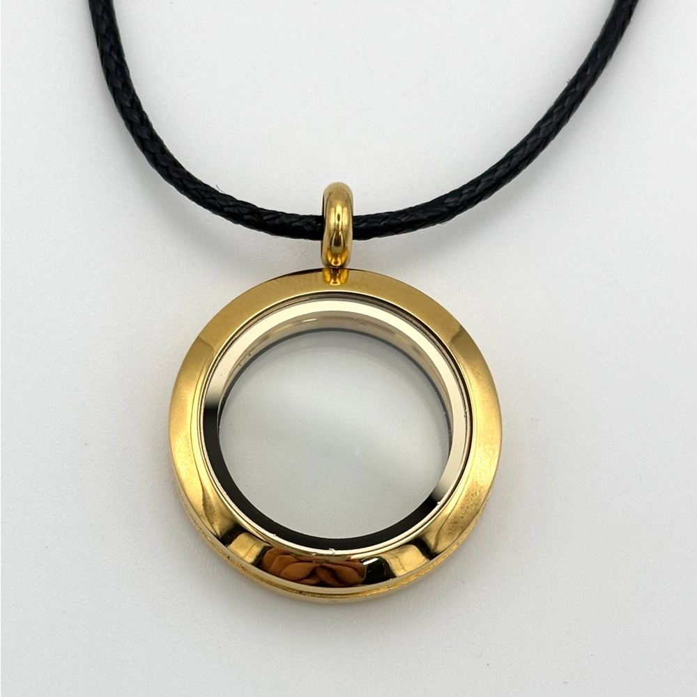 Gold Tone Stainless Steel Floating Glass Locket Pendant Necklace Black Cord 20”